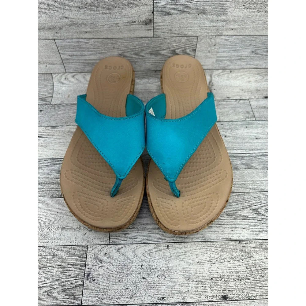 Crocs A-Leigh Leather Platform Flip Flop Wedge Sandals Turquoise Womens 8 14933